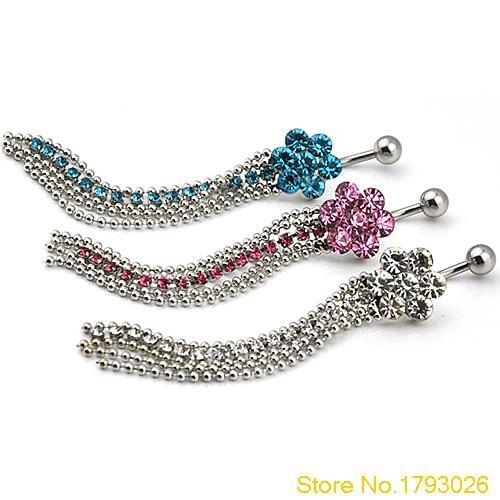 1 Pcs Crystal Rhinestone Flower Dangle Navel Belly Button Ring Bar Piercing Body Jewelry 4T6M