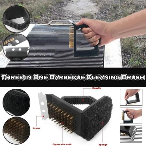 3-in-1 Stain Bristle Copper Wire Brush Bbq Grill Steel Scraper Edge Long Handle Shovel Brush Wipe Cleaning Brush Tools #PY