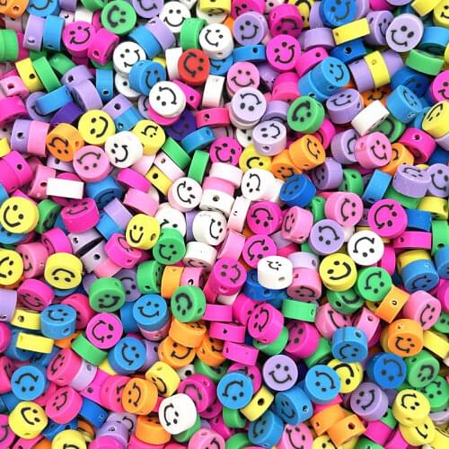 30pcs 10mm Multicolour Smiling Face Beads Polymer Clay Spacer Loose Beads for Jewelry Making DIY Handmade Bracelet Accessories