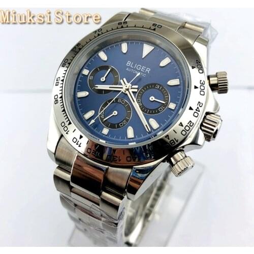 39mm Bliger sapphire glass silver case blue dial ceramic bezel automatic mens mechanical leisure sport watch