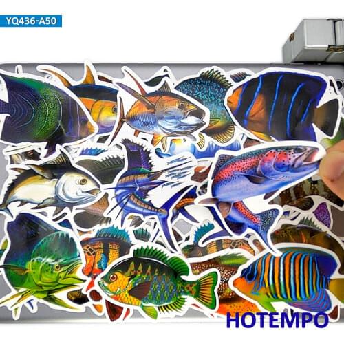 50pcs No Repeat Outdoor Sea Fishing Style Marine Fish Mixed Stickers for Laptop Suitcase Mobile Phone Case Bike Decals Stickers