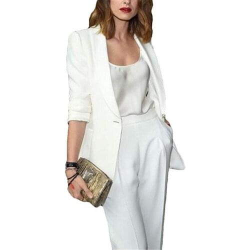 White Women Set Ladies Pant Suits Jacket+Pants Women Business Suits Blazer Formal Office Uniform Style Female Trouser PantSuit