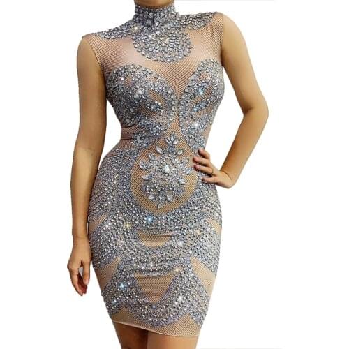 Sparkly Crystals Sleeveless Dress Spandex Stretch Women Birthday Celebrate Prom Party Night Dresses Bodycon Singer Stage Costume
