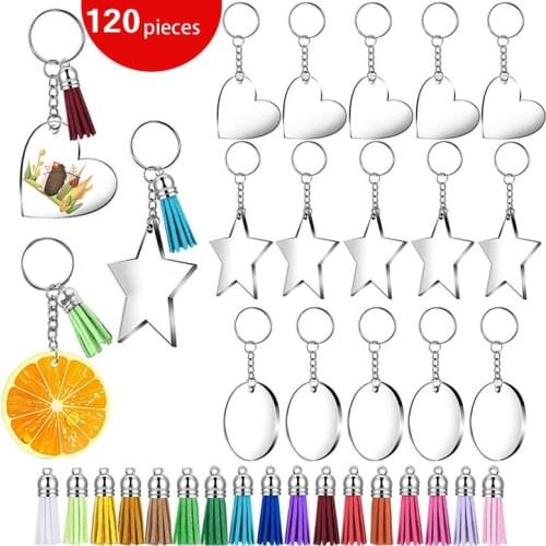 120pc Keychain Tassels Set Round Acrylic Clear Circle Blanks Keyring Jump Rings Tassels For DIY Crafts Jewelry Keychains Making