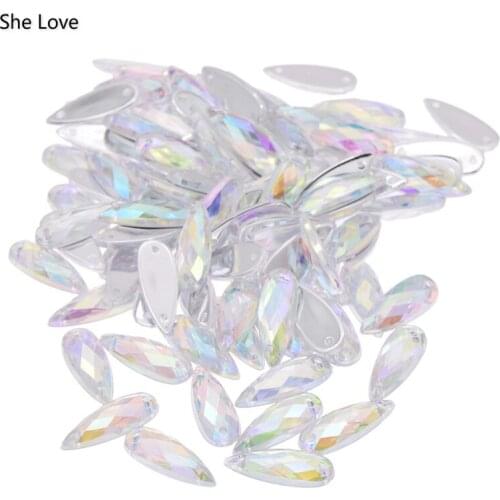 Chzimade 100pcs AB Water Drop Shaped Sew On Rhinestones DIY Handmade Sewing Supplies for Decoration