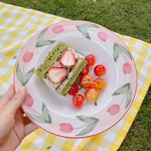 French Flower 8 Inch Porcelain Plate Overglaze Kitchen Flat Plate Round Breakfast Salad Platos Platos Cerámica