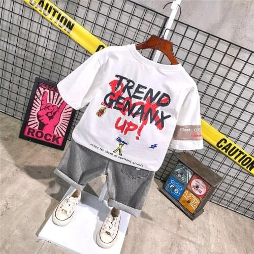 2 3 4 5 6 Years Baby Boys Sets Casual Printed Short-sleeved T-shirt Denim Shorts Children Sportswear Kids Clothing 2020 Summer