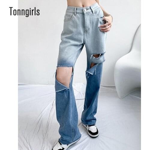 Tonngirls Vintage Wide Leg Jeans Casual Y2k Ripped Jeans For Women Gradient High Waist Jeans Ripped Blue Denim Jeans Trousers