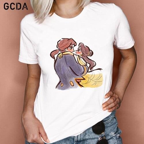 Beauty and the Beast T Shirt Belle Princess Hugs Prince Kawaii Harajuku Women Ullzang Cute T-shirt Graphic Tshirt Fashion Top