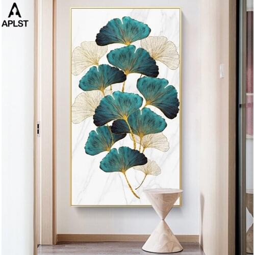 Golden Foil Tree Leaf Painting Ginkgo Biloba Leaves Canvas Prints & Poster Green Plant Wall Art Picture Home Living Room Decor
