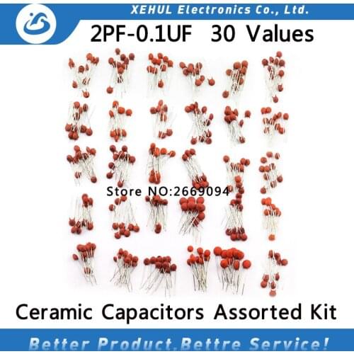 300pcs/lot 50V 2PF-0.1UF 30 valuesX10pcs ceramic capacitor Assorted Kit Electronic Components Package 2pF 30pF 100pF 1nF 10nF