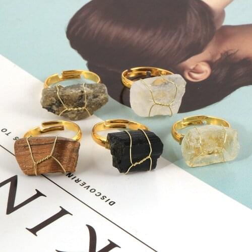 Men Women Natural Gem Stone Irregular Amethysts Tigereye Fluorite Ring Blue Apatite Crystal Copper Open Adjustable Rings Jewelry