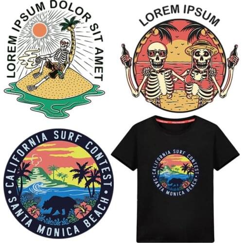 Summer T-shirt printing DIY punk skull coconut tree beach landscape heat transfer vinyl iron hot patch stickers for men