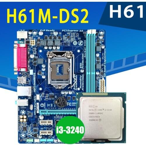 LGA 1155 Gigabyte H61M-DS2 Motherboard with Intel Core i3 3240 CPU DDR3 VGA 3.4GHz Dual-Core Intel H61 Placa-mãe + i3 CPU Used