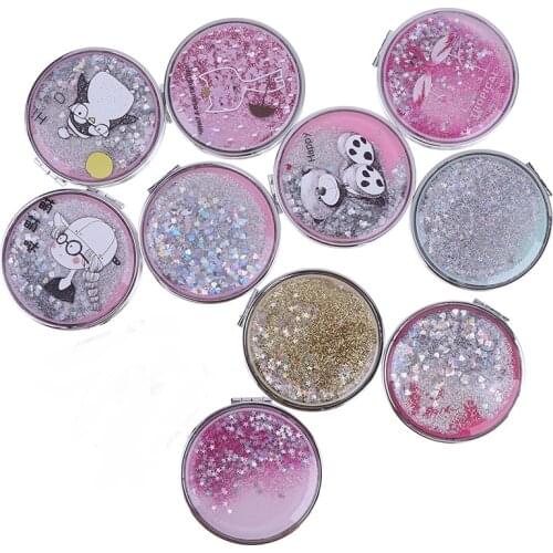 Girl Mini Makeup Mirror With Flowing Sparkling Sand Compact Pocket Mirror Portable Double-Sided Folding Cosmetic Mirror