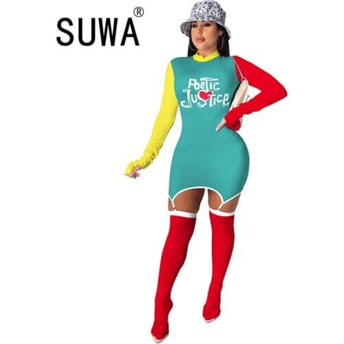 Trendy Chic Party Club Bodycon Mini Dress Hot Recommend Style Contrast Letter Pullover Long Sleeve Sexy Outfits Wholesale