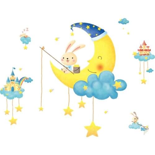 Childrens room cartoon wall stickers living room bedroom bedside decoration wall stickers moon rabbit stars decals for kids