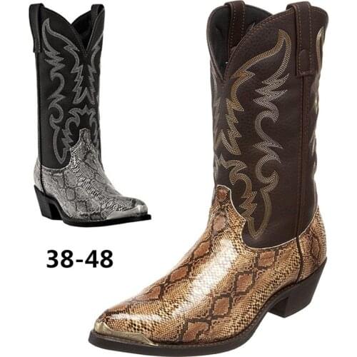 2021 New Gold Silver Pointed Toe Western Cowboy Mid-Calf Boots Autumn Outdoor Snake Pattern Med Heel Male Motorcycle Boots
