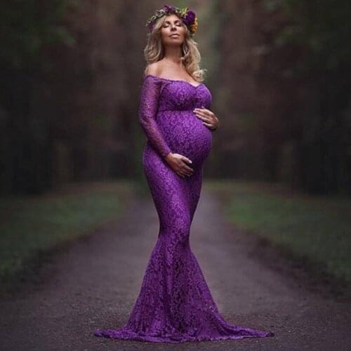Solid color Lace Maternity Dress for Photo Shoot Maxi Maternity Gown Shoulderless Fancy Sexy Women Maternity Photography Props