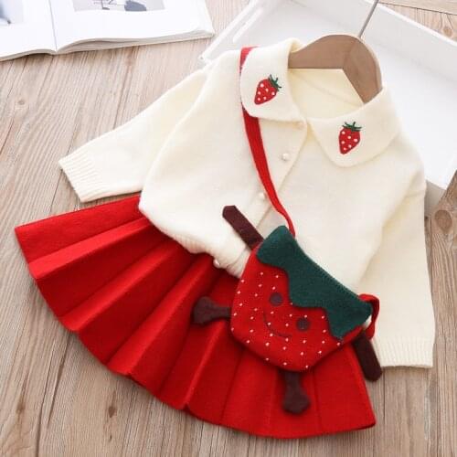 Autumn Baby Girls Sweet Sweater+Skirt Suit Fruit Lapel Knitted Long Sleeve Cardigan Sweater Pleated Skirt Princess Suit Kids