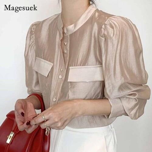 Casual Thin Pockets Puff Sleeve Solid Shirt Korea Autumn Vintage Fashion Stand Collar Single Breasted Blouse Women Tops 12365