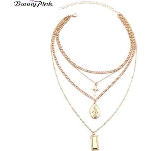 Banny Pink God Bless You Necklace Catholic MultiLayer Cross Virgin Mary Geo Pendant Christian Choker Neckalce Religious Collar