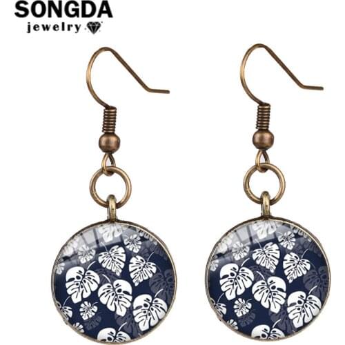 SONGDA Fashion Tropical Leaf Earrings for Women Accessories Ancient Bronze Plated Mini Palm Printed Glass Cabochon Drop Earrings