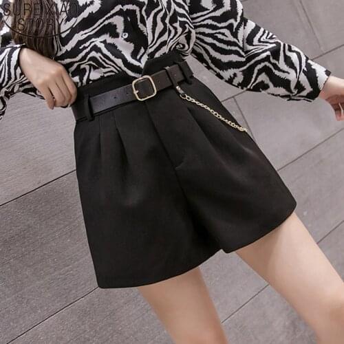 2021 Spring High Waist Wide Leg Shorts Fashion Women Shorts Loose Autumn Solid Bottom Casual Women Pocket Short with Chain new