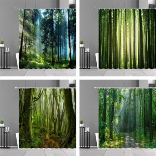 Modern 3D Printing Forest Shower Curtains Green Plant Tree Landscape Curtain With Hooks For Bathroom Waterproof Polyester Fabric