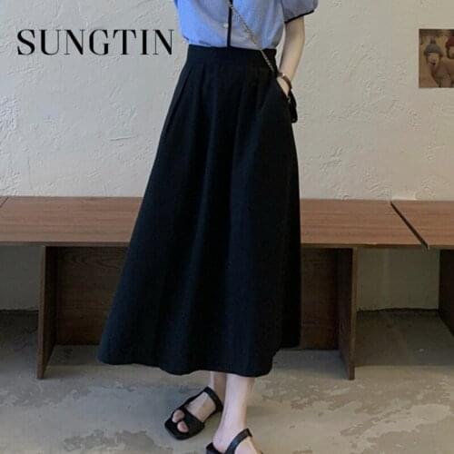 Sungtin Korean A Line Elastic High Waist Skirt Women Spring Solid Loose Simple Long Skirts Female Pocket Black Skirt New 2021