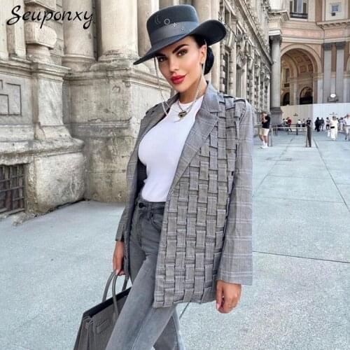 High-quality Womens 2021 Workplace Formal Wear Gray Plaid Regular Pleated Blazer Autumn New Sexy Lapel Long Sleeve Loose Blazer