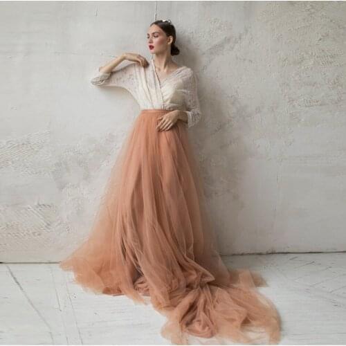 Elegant Dark Copper A-line Bridal Tulle Skirts With Train Floor Length Wedding Party Gust Tulle Skirt Women Mesh Skirt