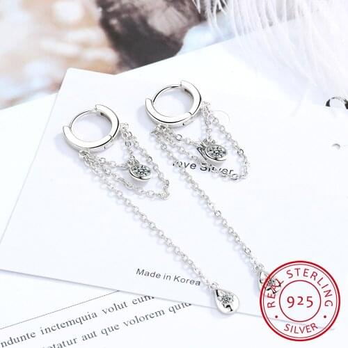 925 Sterling Silver Long Tassel Water Drops Zirconia Hoop Earrings For Women Handmade Fine Jewelry S-E1071