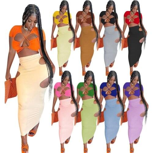 2021 Summer Sexy 2 Two Piece Sets Women Skirt Short Sleeve Crop Top Club Wear Long Maxi Skirt Hollow Out Matching Sets