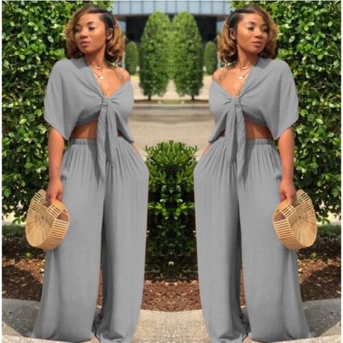 Women Suits Deep V Neck Loose Short Sleeve Tie Up Crop Tops T-Shirt For Female+ Hight Waist Wide Leg Pants Vacation Girls Sets