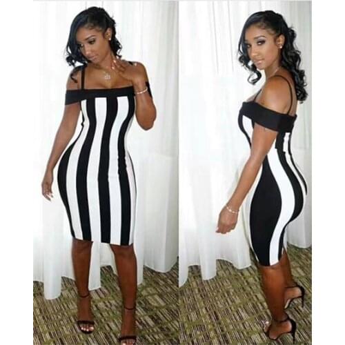 New Fashion Sleeveless Off Shoulder Black and White Striped Bandage Dress Women Top Quality 2017 Sexy Celebrity Party Dresses