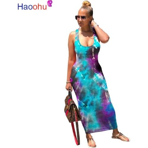 Colorful Tie Dye Print Summer Beach Dress Women Round Neck Sleeveless Club Party Dress Casual High Waist Backless Maxi Vestidos