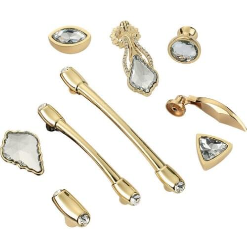 Gold Crystal Cabinet Pulls Furniture Door Handle Kitchen Drawer Knobs Zinc Cupboard Pull Hardware