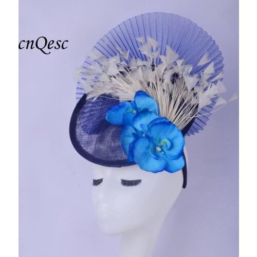 2020 New arrival. Blue ivory Feather Fascinator Sinamay hat church hat for melbourne cup,ascot races, kentucky derby wedding