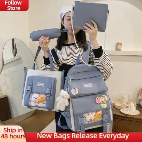 4 PCS School Backpack Korean Cute Kawaii Backpack For Teenage Girl Big Women School Bag Student Rucksack With Toy Pencil Bag