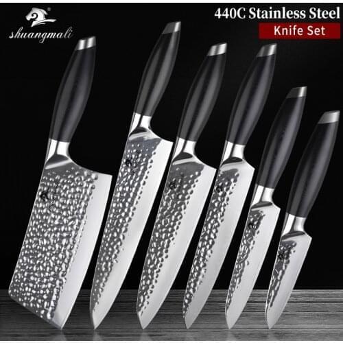 6PCS Chinese Cleaver Knife Set 440C Stainless Steel Kitchen Chef Cleaver Knives Set Utility Paring Vegetable Slicing Chef Knife