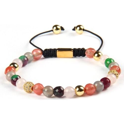 Ailatu Jewelry Wholesale 10pcs/lot Micro Pave Clear Cz Ball Macrame Bracelets with 6mm Natural Mix Stone Beads Stainless Steel