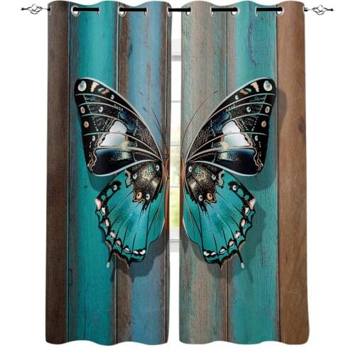 Wooden Texture Turquoise Butterfly Curtains for Room Window Curtain Kids Drapes for Bedroom Living Room Window Treatment