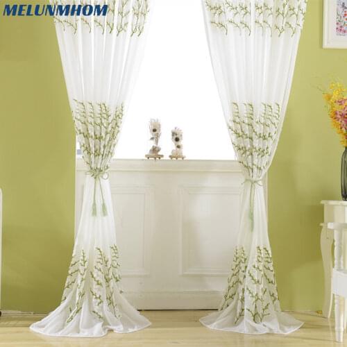 European White Green Tree Embroidered Voile Curtains for the Kitchen Window Sheer Curtains for Bedroom Kids Tulle Fabric 1PC