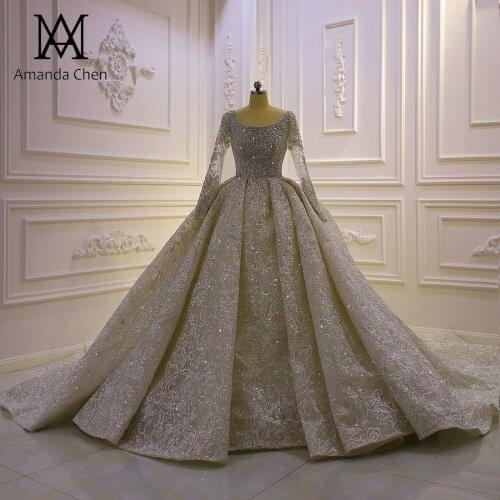 Robe de soirée de mariage Boat Neck Long Sleeve Crystal Lace Wedding Dress Luxury