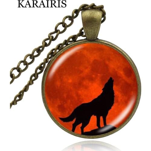 KARAIRIS Wolf Cabochon Glass Glowing Pendant Necklaces For Men Fashion Jewelry Bronze Silver Plated Long Chain Necklaces