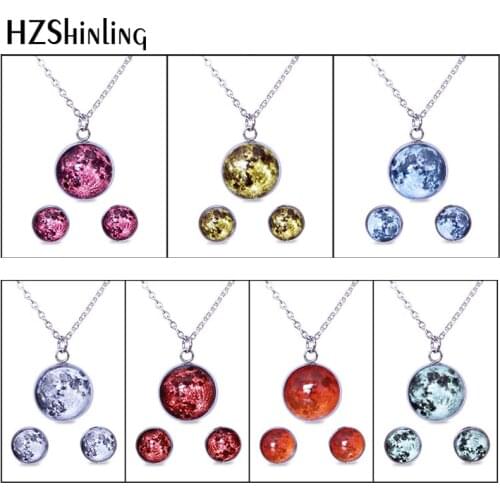 11 colors stainless steel Glow in the Dark Full Moon Necklace eclipse lunar blood moon glowing jewelry set Purple grey earrings