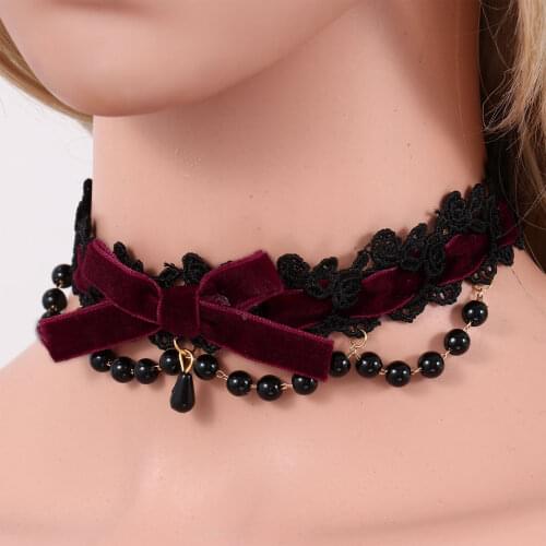 Handmade Lace Loli Choker Necklace Vintage Sweet Cute Ruffle Lace Ribbon Pearls Chain Bowknot Collar Halloween Lolit Accessorie
