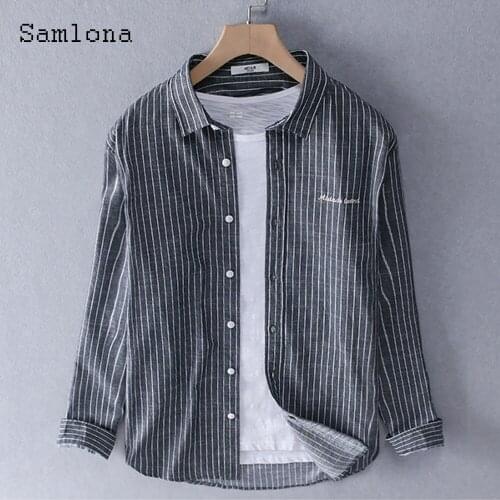 Samlona Long Sleeve Mens Blouse Open Stitch BasicTops Sexy Men clothing 2021 Summer Casual Stripes Shirt blusas Plus Size S-3XL