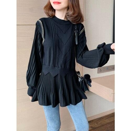 2021 New Design Loose Organelle Pleated Chiffon Stitching Knitting Medium Long Fake Two Piece Blouse